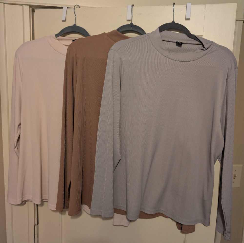Shein 3X Ribbed Women's Long Sleeve Tops - Cream, Tan, and Gray